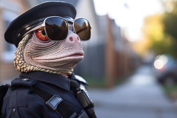 anthropomorphic chameleon in a police uniform blends in with its surroundings while investigating a crime - obrazy, fototapety, plakaty