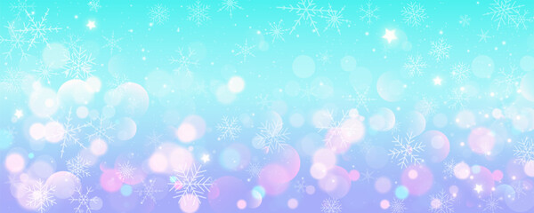 Christmas snowy background. Cold blue winter sky. Vector ice blizzard on gradient texture with bokeh and flakes. Festive new year theme for season sale wallpaper.