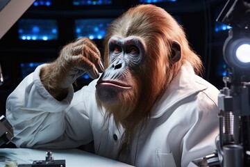 anthropomorphic orangutan in a scientist lab coat studies the stars in an observatory - obrazy, fototapety, plakaty