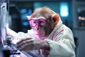 anthropomorphic monkey is working as a scientist he is wearing a lab coat and goggles and he is working on an experiment - obrazy, fototapety, plakaty