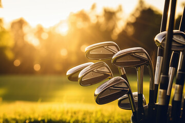 The Golf club bag for golfer training and play in game with golf course background , green tree sun rays. - Powered by Adobe