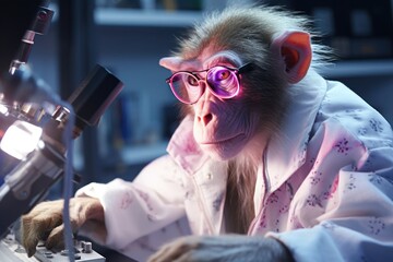 anthropomorphic monkey is working as a scientist he is wearing a lab coat and goggles and he is working on an experiment
