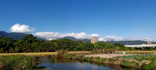 Fototapeta na wymiar Serene Pond under The Blue Sky, New Taipei, Taiwan