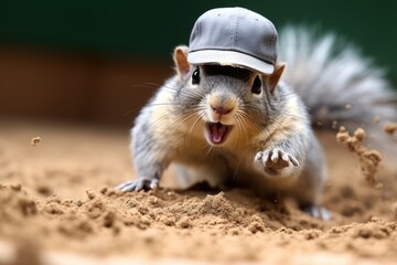 speedy squirrel baseball player sliding into second base with a look of excitement on their face - obrazy, fototapety, plakaty