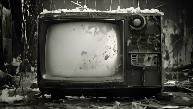 A large bulky blackandwhite television set with a huge broken glass display. Its line of sight is obscured by thick layers of dust cobwebs and malfunctioning wiring.