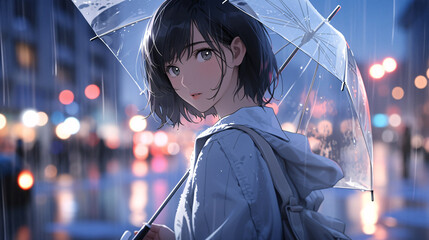 雨の中、透明のビニール傘をさして見つめる少女