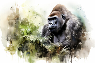 a gorilla in nature in watercolor art style - obrazy, fototapety, plakaty
