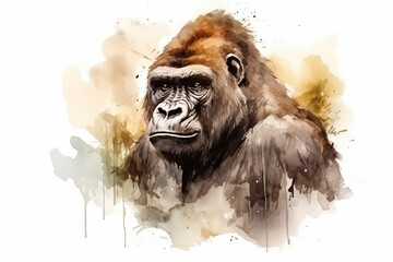 a gorilla in nature in watercolor art style - obrazy, fototapety, plakaty