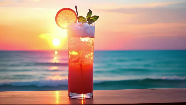 As the sun dips below the horizon, a deep red mocktail is served in a tall glass, adorned with a slice of juicy orange and a sprig of fresh mint. The contrasting colors create a stunning