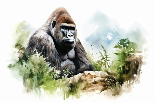 a gorilla in nature in watercolor art style