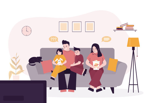 Family watching news or movie. Father, mother and children sitting on sofa couch and watch tv show screen. Living room interior. Relax, family time