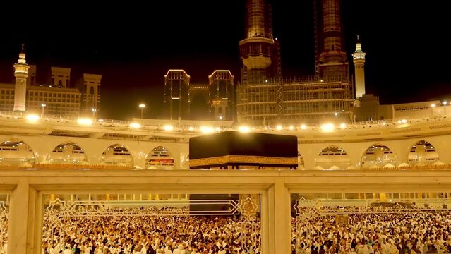 City of Mecca in the Kingdom of Saudi Arabia: Muslims circumambulate the Holy Kaaba. Muslims perform their worship, Umrah, Hajj
