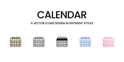 Calendar Icon Design in Five style with Editable Stroke. Line, Solid, Flat Line, Duo Tone Color, and Color Gradient Line. Suitable for Web Page, Mobile App, UI, UX and GUI design.