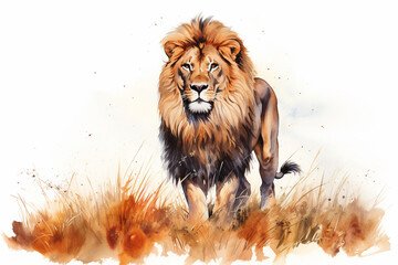 a lion in nature in watercolor art style - obrazy, fototapety, plakaty