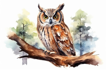 an owl in nature in watercolor art style