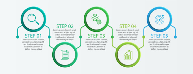 Simple infographic 5 parts or options, simple design with colored circles and lines. icons, text and numbers, for presentations, flow diagrams and your business