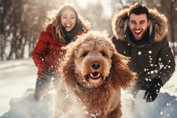 Young happy smiling couple having fun in winter park with their dog outdoors.