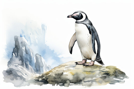 a penguin in nature in watercolor art style