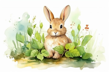 a rabbit in nature in watercolor art style