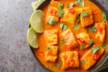 Traditional Sri Lankan Fish Curry made with white fish and filled with warming spices close up on a plate on the table. Horizontal top view from above