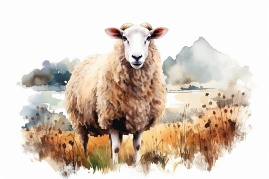 a sheep in nature in watercolor art style