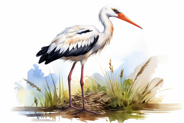 a stork in nature in watercolor art style