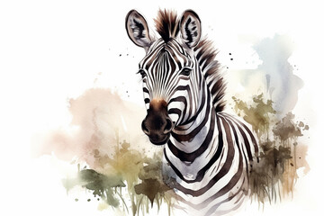 a zebra in nature in watercolor art style - obrazy, fototapety, plakaty
