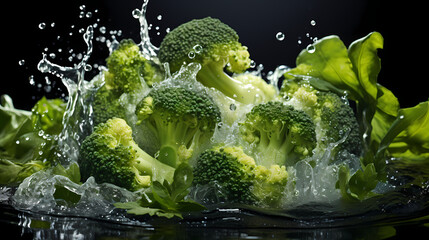 Broccoli commercial photography with water splash photography effect, vegetable commercial photography