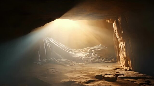 Concept photo of the empty tomb, with Jesus shroud discarded on the ground and a bright light shining from inside, symbolizing his resurrection.