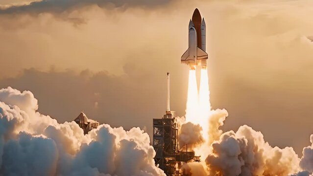 Launch Pad Complex: Successful Rocket Launching with Crew on a Space Exploration Mission. Flying Spaceship Blasts Flames and Smoke on a Take-Off. Humanity in Space, Conquering Universe. Zoom out