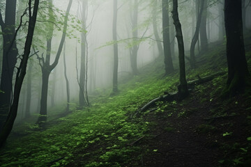 image of dense forest shrouded in fog, showcasing intricate trees, misty atmosphere, and sense of enchantment that arises within this foggy woodland - obrazy, fototapety, plakaty