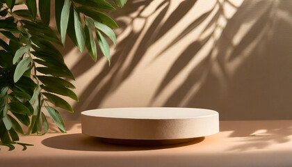 Tray of Nature: Podium Mockup with Foliage Drop Shadow