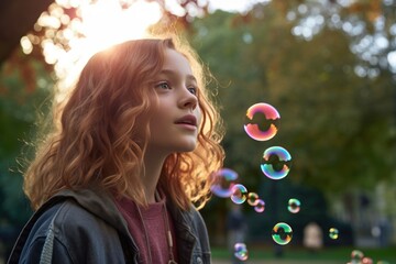 a young girl blowing bubbles in a park