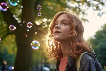 a young girl blowing bubbles in a park