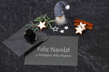 	Tarjeta navideña: Tarjeta con saludos navideños Feliz Navidad y Próspero Año Nuevo.