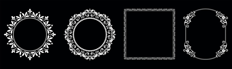 Set of decorative frames Elegant vector element for design in Eastern style, place for text. Floral black and white borders. Lace illustration for invitations and greeting cards.