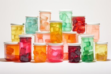 A vibrant collection of gummy vitamins in various shapes and colors, neatly organized in glass jars on a white background