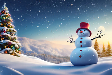 Snowman with christmas tree snow fall landscape