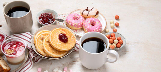 Delicious american dessert table with coffee.