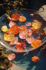 Translucent gummy vitamins float in water within a glass bowl, complemented by natural floral elements under sunlight