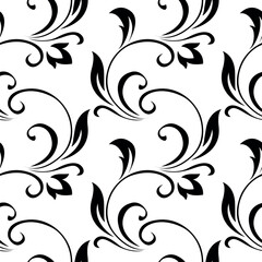 Vintage seamless plant pattern of black stylized stems, leaves, flowers and curls on white background. Retro style. Vector backdrop, texture for victorian wallpapers, wrapping paper, fabric