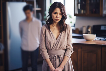 Asian woman feeling sad and disappointed, her husband is behind - obrazy, fototapety, plakaty