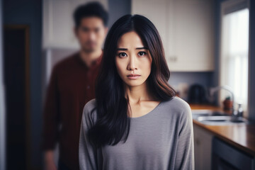 Asian woman feeling sad and disappointed, her husband is behind