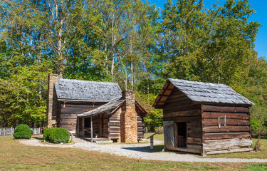 Fototapeta na wymiar The Mountain Farm Museum and Mingus Mill at Great Smoky Mountains National Park