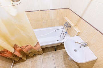 interior apartment room bathroom, sink, decorative elements, toilet