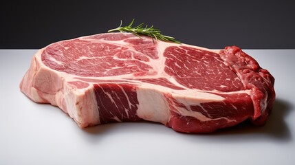 A Large T-Bone Steak dramatic studio lighting and a shallow depth of field, placed on a white background surface, hot steam.