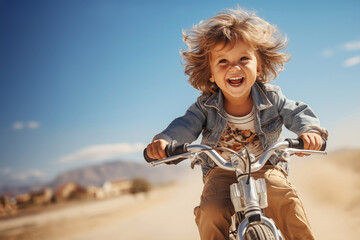 cute little boy riding bike and blue sky on the background