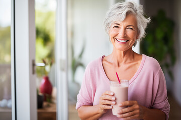 smiling senior woman with strawberry milkshake in glass at home kitchen