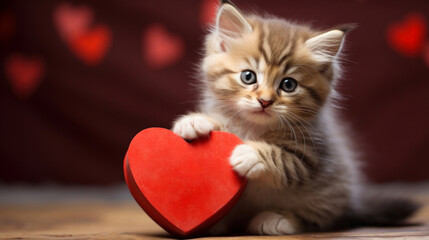 adorable fluffy kitten holding heart in paws
