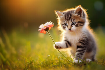 cute kitten holding flower in paws outdoors at sunset